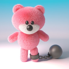 Naughty teddy bear with pink fluffy fur wearing a ball and chain as punishment, a bit harsh, 3d illustration