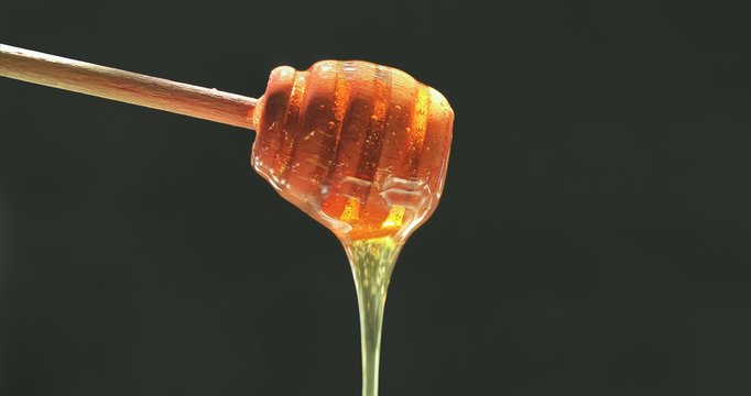 Delicious honey pours out of the spoon close up