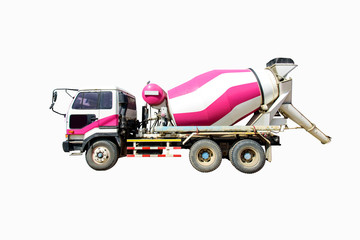 Pink and white cement truck on white background