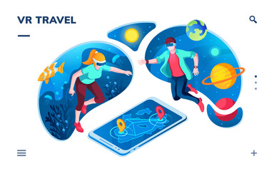People using virtual reality to travel through universe or ocean. VR simulation of underwater, space exploration, augmented reality for smartphone navigation. Application interface for visual service