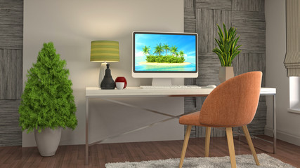 Computer on office table. 3d illustration
