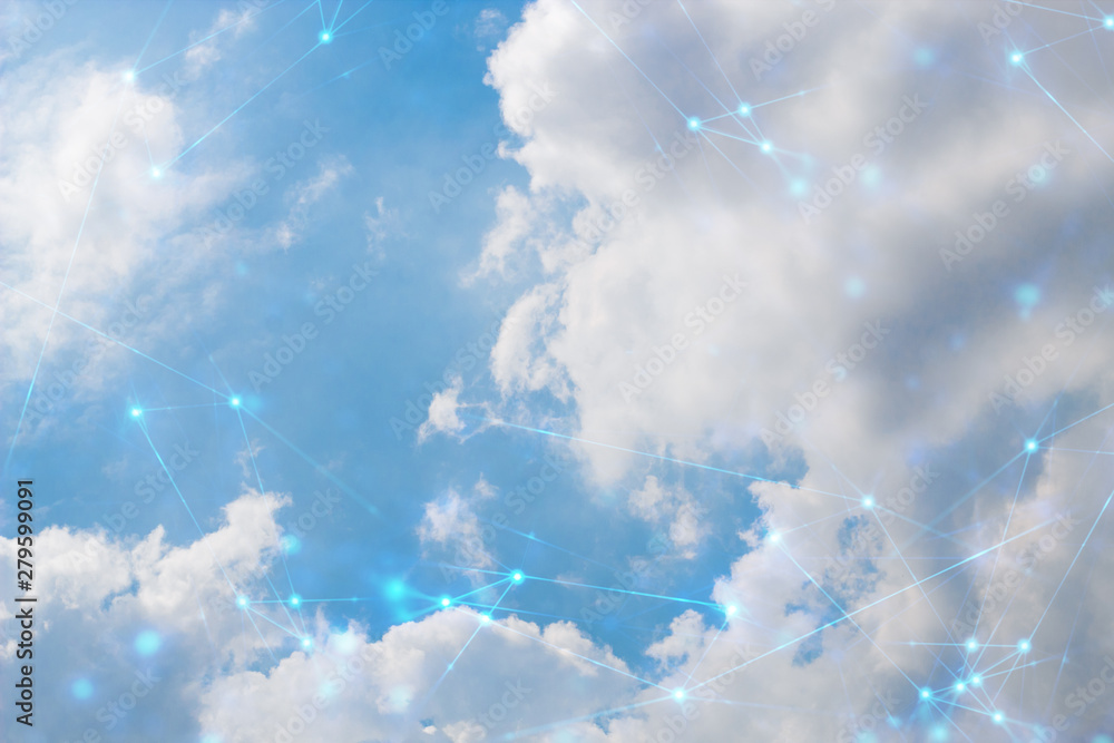 Poster social network, sky backround, futuristic technology, data deep learning, binary ai robotic system, 