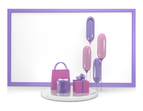 Hintergrund mit Geschenken und Luftballons in lila und rosa. 3d render