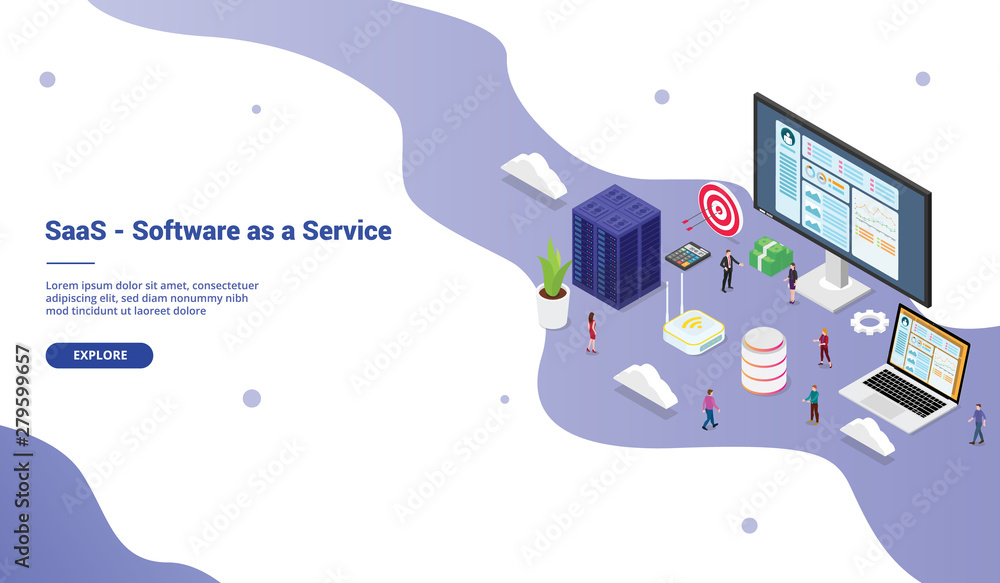 Aufkleber saas software as a service business concept with big word with team people for website template land