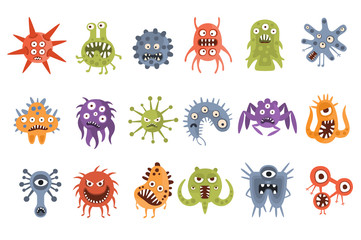 Aggressive Fantastic Monster Microorganisms Set. Bright Color Primitive Unfriendly Creatures Of Different Shapes Drawings © topvectors