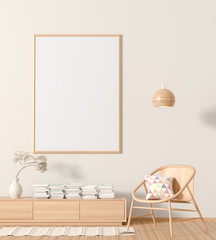 Mock up poster frame in scandinavian style interior with wooden furnitures. Minimalist interior design. 3D illustration.
