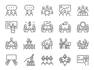 Meeting line icon set. Included icons as meeting room, team, teamwork, presentation, idea, brainstorm and more.