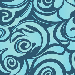Seamless pattern of spirals and curls of blue color on a dark blue background, wave, floral, marine pattern, wave
