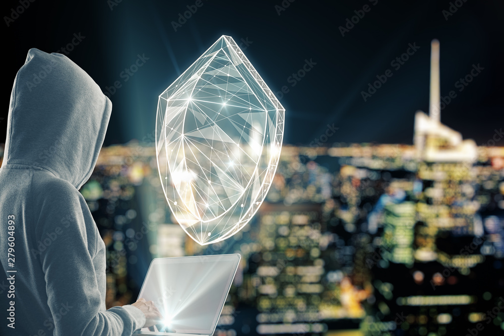 Poster hacker with laptop