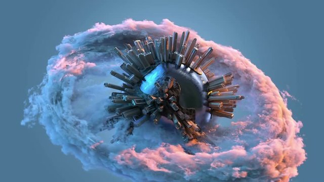 flight over the big city on small planet