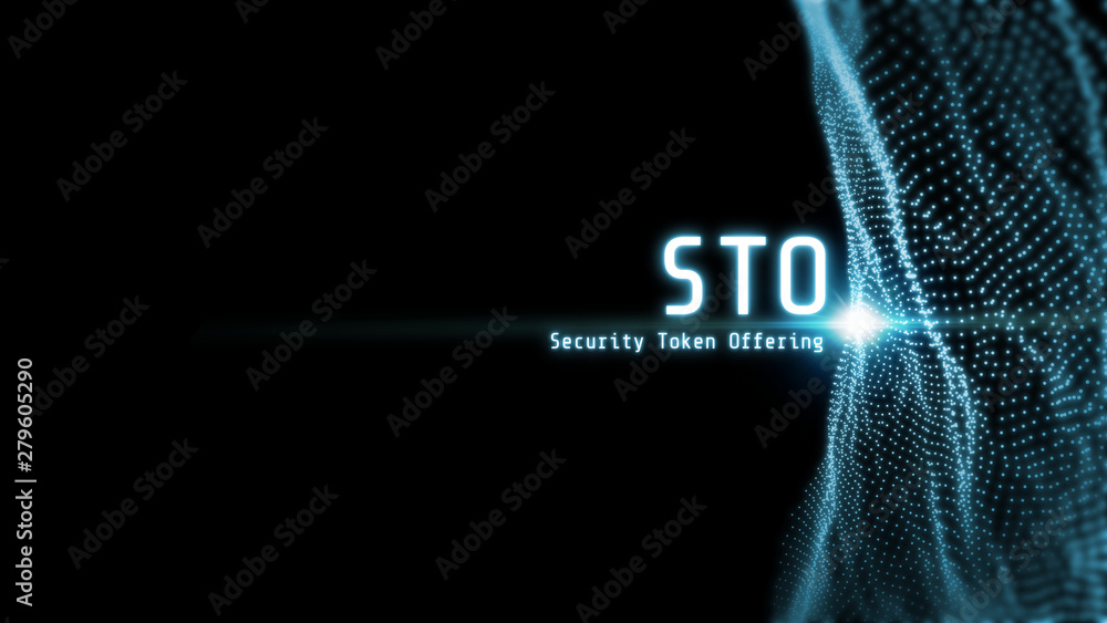 Poster 3d rendering of abstract network nodes connected with dots and line with text sto security token off