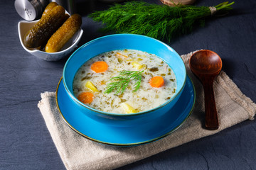 Polish sour cucumber soup or salt cucumber soup.