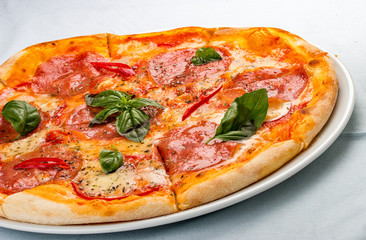 Delicious hot pizza with salami, cheese, tomatoes and various spices. On white background