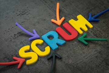 Scrum master method for agile software development concept, multi color arrows pointing to the word...