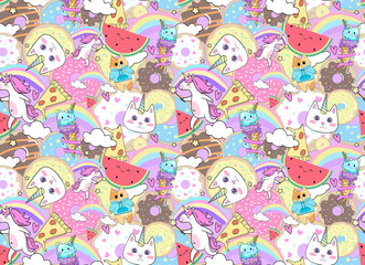 Awesome cute seamless pattern. Unicorn, donuts, ice cream, cat, rainbow, pizza, watermelon.