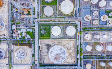 Oil storage tank with oil refinery background, Oil refinery plant at day. Aerial view from drone top view