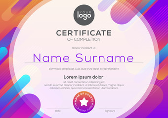 modern certificate of completion template with vibrant bold color abstract graphic background