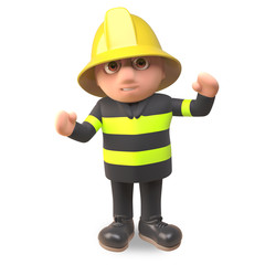 Cartoon 3d fireman firefighter character in high visibility clothing cheers with joy, 3d illustration