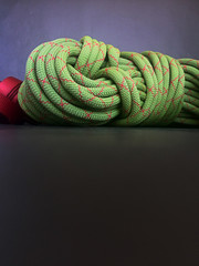 rock climbing or arbotist rope on with text space