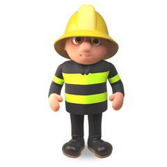 3d cartoon fireman firefighter character in high visibility clothing, 3d illustration