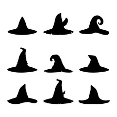 Witch hats silhouettes collection isolated on white background. A set of items for Halloween. Vector illustration in the style of flat