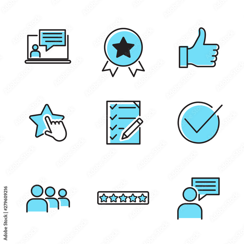 Poster icons set of survey related vector simple line. management line icons. startup strategy and employee