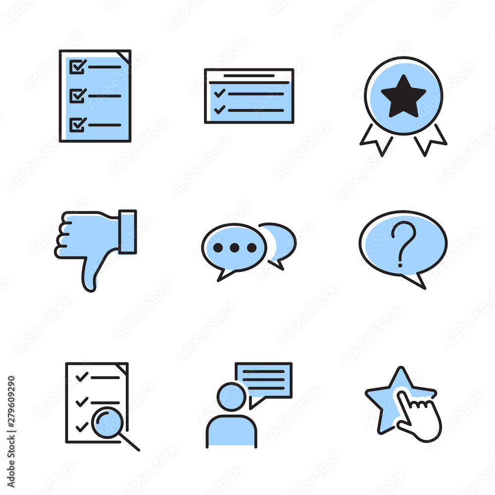 Poster icons set of survey related vector simple line. management line icons. startup strategy and employee