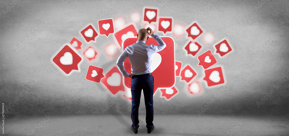 Aufkleber businessman in front of a colorfull social network teamwork with icon 3d rendering
