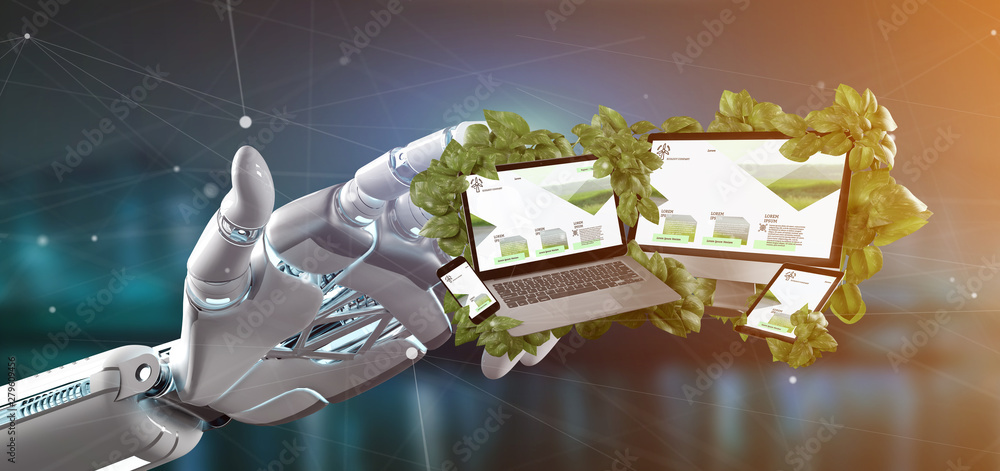 Poster cyborg holding a connected devices surrounding by leaves 3d rendering