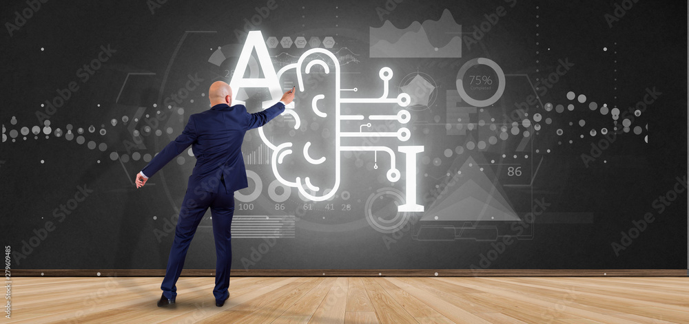 Poster businessman in front of a wall with artificial intelligence icon with half brain and half circuit 3d
