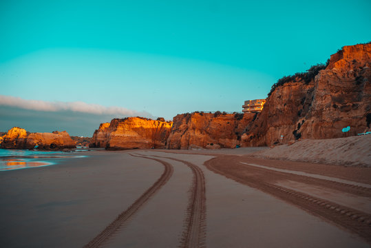 sunrise on the beach, sunset in the paradise Praia da Rocha - Playa de la Roca - Portim&atilde;o Portugal - Algarve