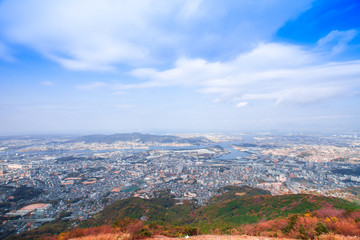 landscape of Kitakyushu city japan looked from Sakurayama Observatory.Blue sky in the autumn season.