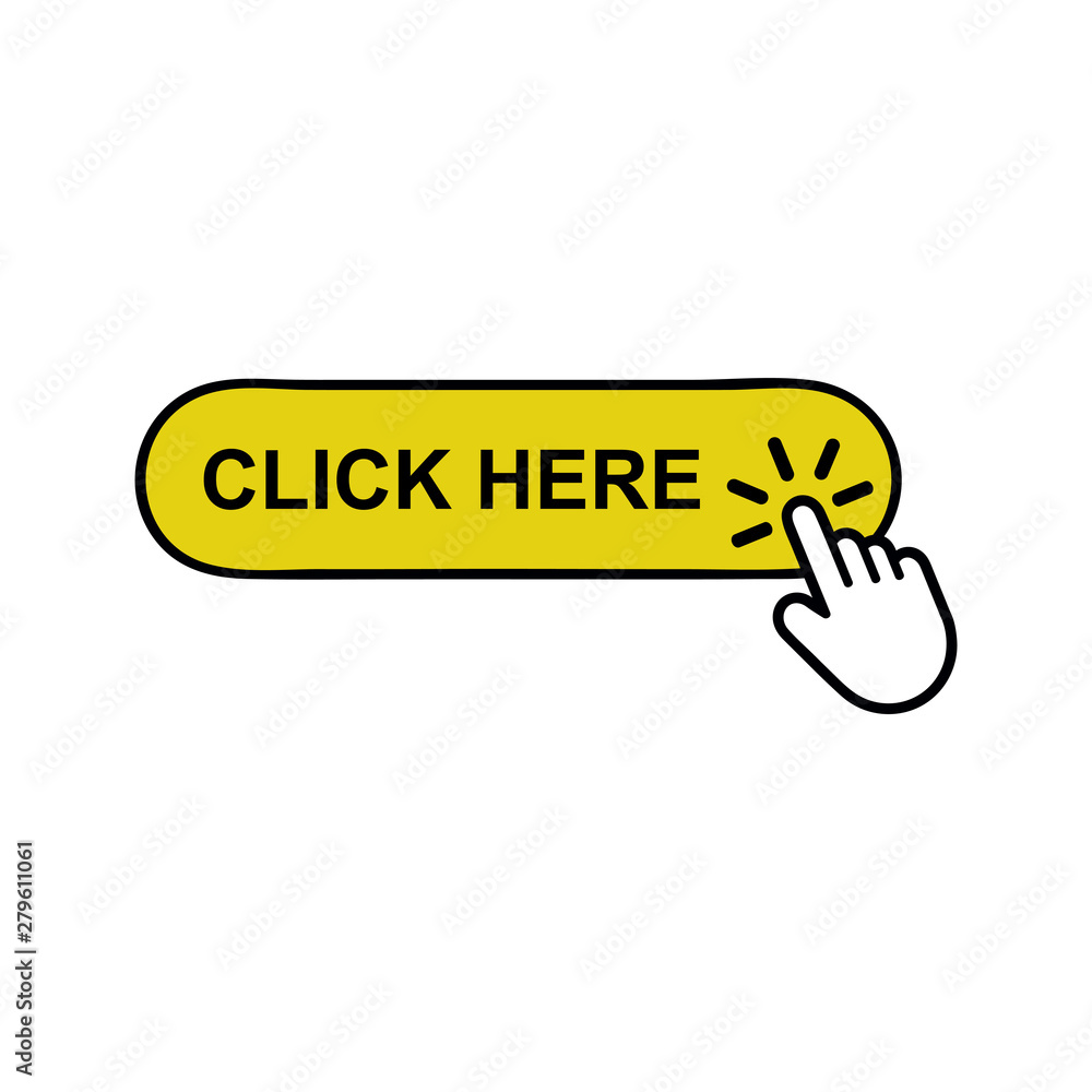 Poster click here button with hand pointer clicking. flat vector illustration on white background. eps 10