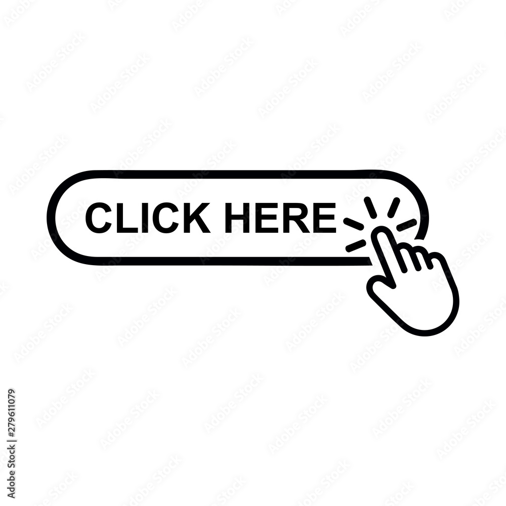 Poster click here button with hand pointer clicking. flat vector illustration in black on white background.