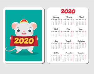 2020 calendar template with cartoon mouse. Chinese new year design with funny rat character