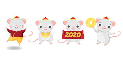Naklejka premium Chinese new year. 2020 happy cartoon mouse collection. illustration for calendars and cards. Funny rats with yuanbao, coin and other traditional symbols
