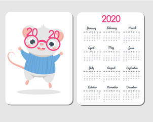 2020 calendar template with cartoon mouse. Chinese new year design with funny rat character in eyeglasses