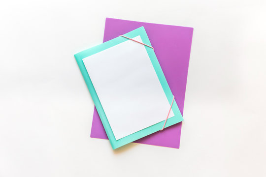 Stationery, back to school. On white background, flatlay, isolated, mock up. Top view. Copy space.