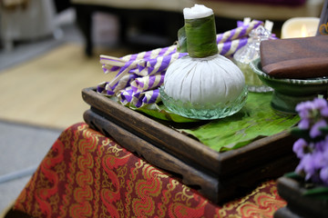 dried herb in herbal ball. compress massage in spa