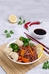 Unpolished red rice with vegetables