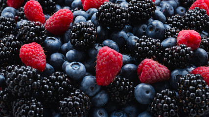 Blackberry, raspberry, blueberry background.  Top view.