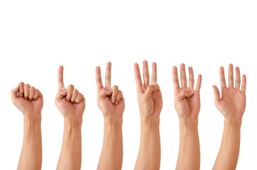 The hand of the man showing the symbol instead of the number
