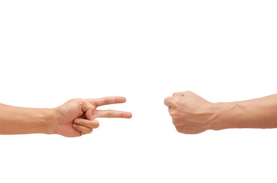 Man's hand showing a game Rock-paper-scissors.