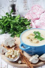 A bowl with mushroom cream soup	