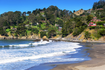 Fototapeta na wymiar Panoramic view of ocean Wave breaking along Muir Beach with view of houses on the hill, California, San Francisco, USA