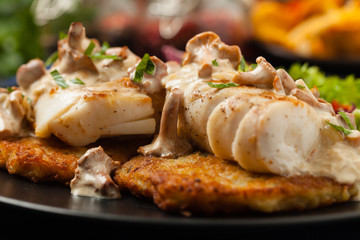 Fried cod, served on potato pancakes with mushrooms sauce and salads. Portion on a black plate. Dark background.