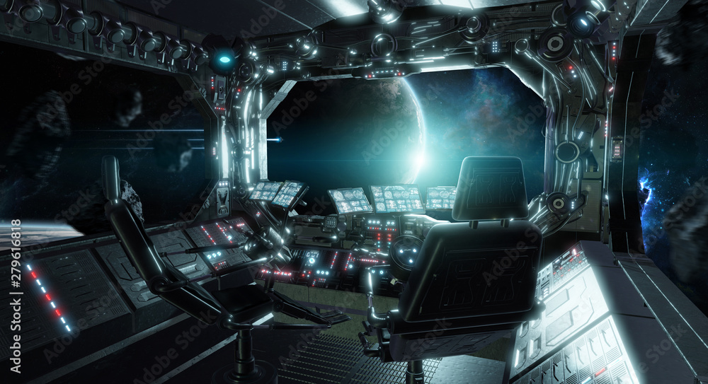 Poster Spaceship grunge interior control room with view on space 3D rendering elements of this image furnished by NASA