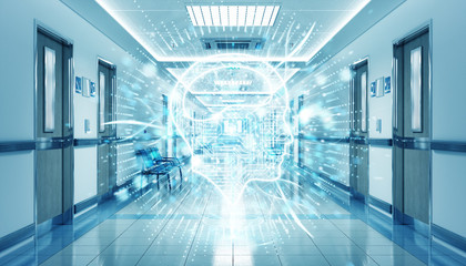 Hospital blue corridor with digital xray brain floating in dots connections 3D rendering