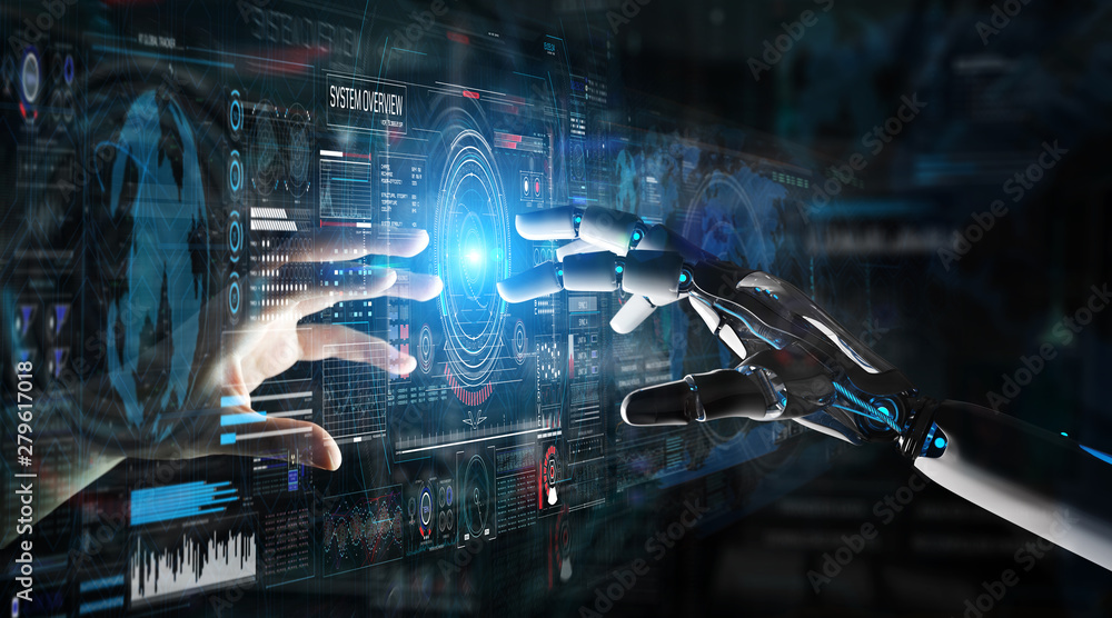 Poster Robot hand and human hand touching digital graph interface 3D rendering