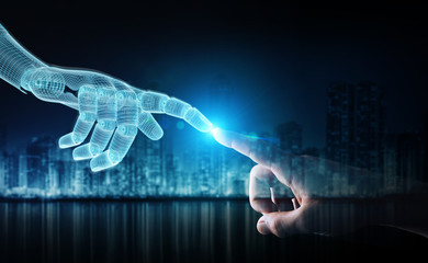 Wireframed Robot hand making contact with human hand on dark 3D rendering